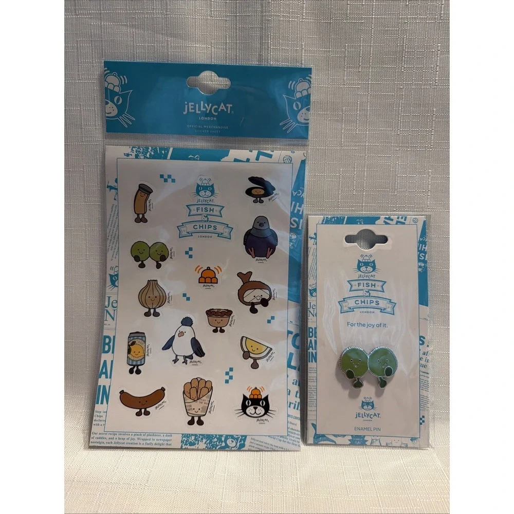 Jellycat Mushy Peas London Exclusive Enamel Pin, Stickers Fish & Chips Peggy Dot